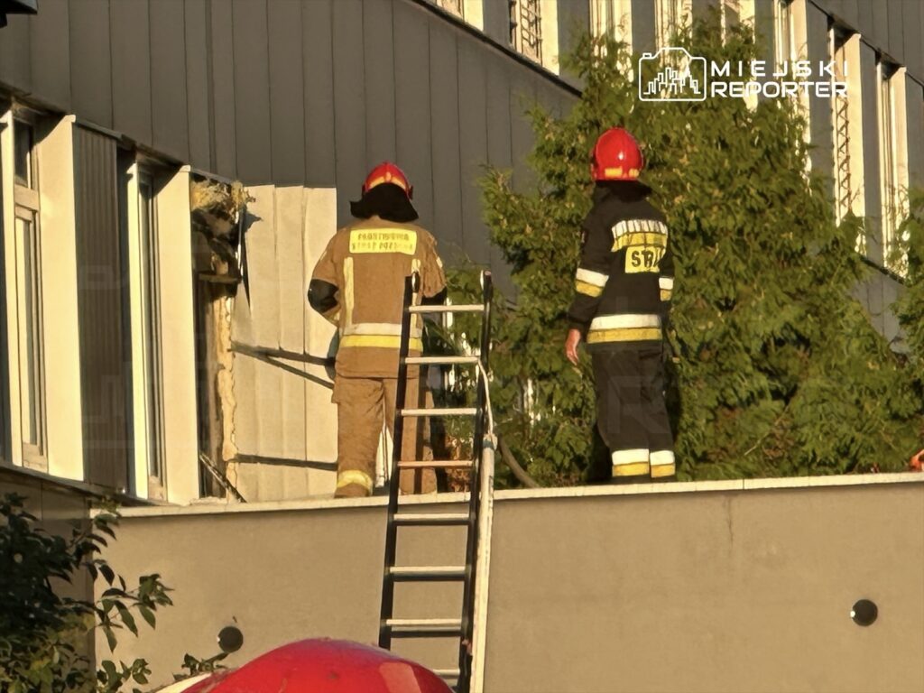 Strażacy w hełmach pracują na wysokości, sprawdzając uszkodzenia budynku po pożarze, obok drabiny.