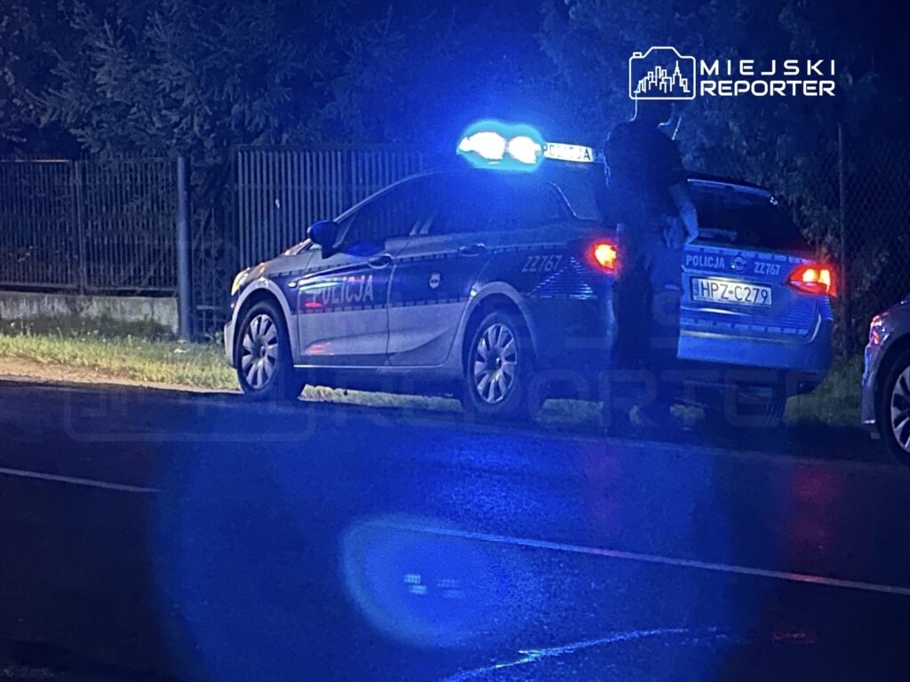 Policjant przy radiowozie z włączonymi niebieskimi światłami, zatrzymany na poboczu drogi w nocy.
