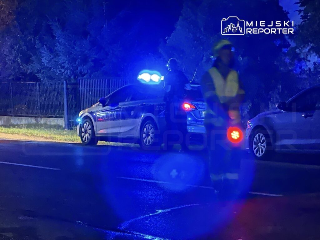 Policjant w kamizelce odblaskowej kieruje ruchem obok radiowozu z włączonymi sygnałami świetlnymi.