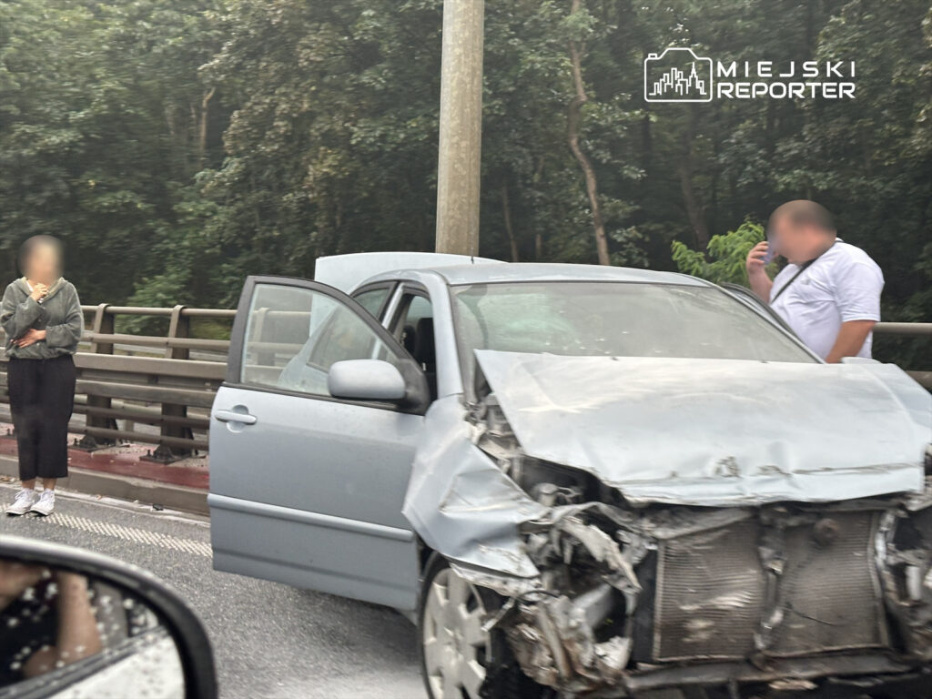 Kobieta w szarej bluzie stoi obok uszkodzonego samochodu, podczas gdy mężczyzna rozmawia przez telefon.