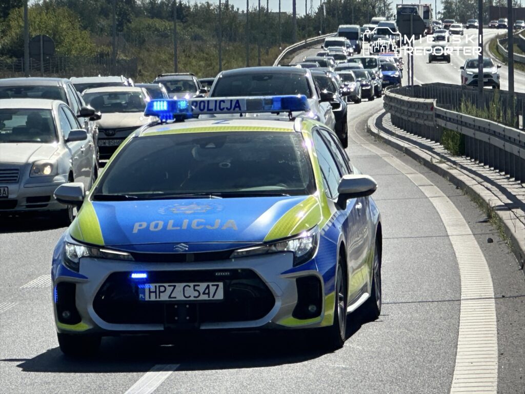 Radiowóz policyjny z włączonymi sygnałami świetlnymi porusza się w korku na drodze krajowej.