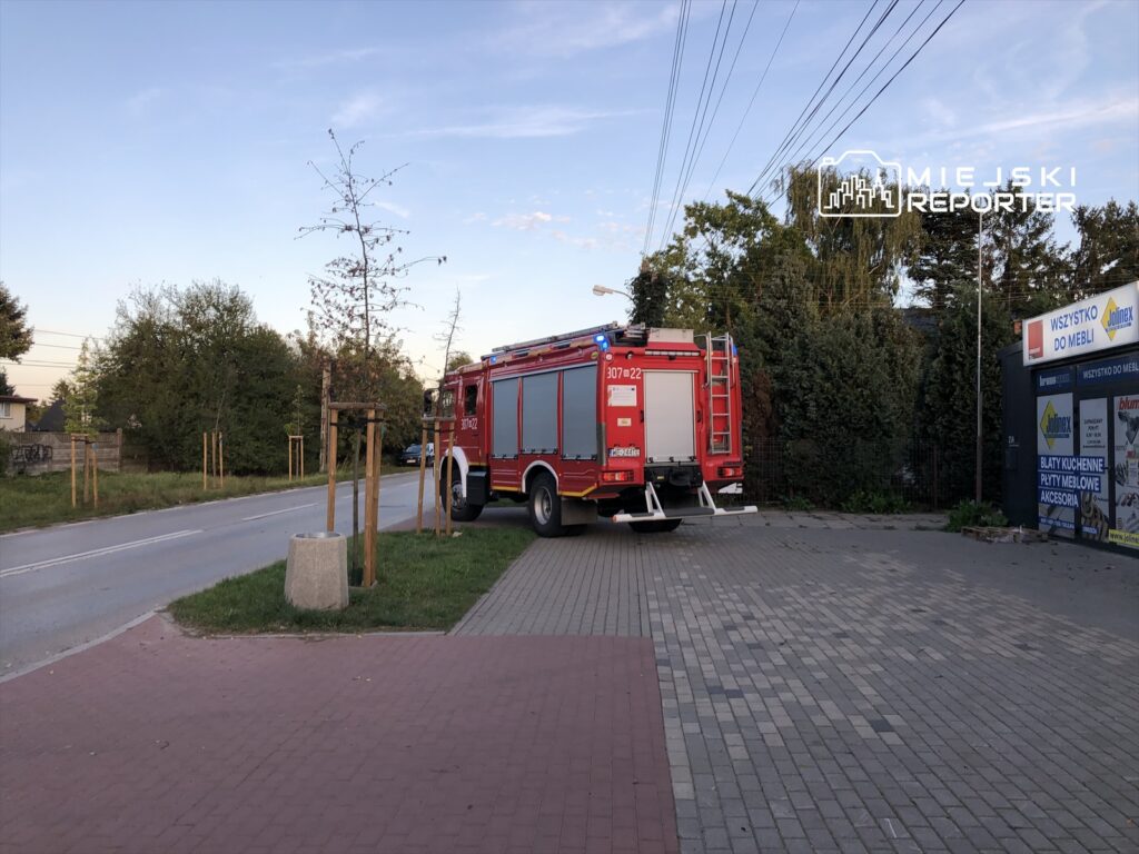 Czerwony wóz strażacki zaparkowany przy drodze, w tle drzewa i budynki mieszkalne.