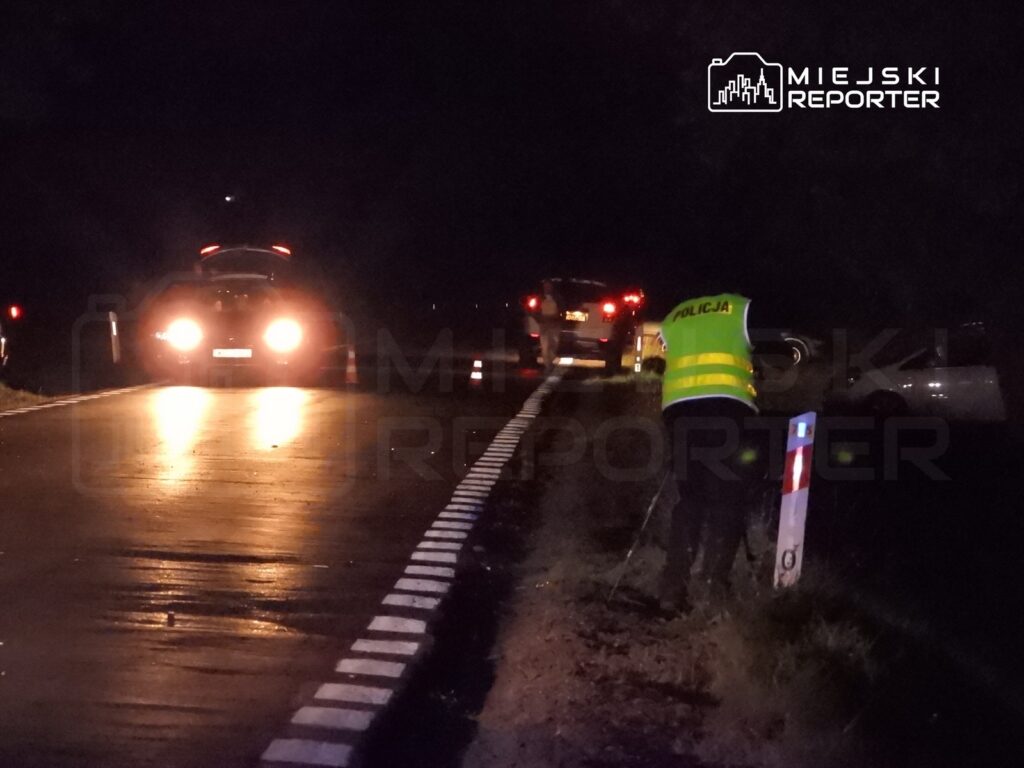 Funkcjonariusz policji w odblaskowej kamizelce zbiera dowody na poboczu drogi w nocy, obok zaparkowanych pojazdów.