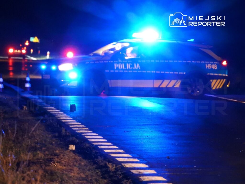 Policyjny radiowóz z włączonymi sygnałami świetlnymi zatrzymany na drodze, w tle widać znaki drogowe i słupki odblaskowe.