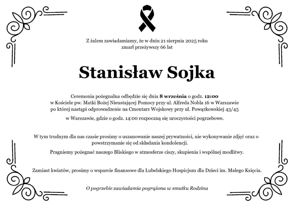 Ceremonia pożegnania Stanisława Sojki odbędzie się 8 września o godz. 12:00 w Kościele pw. Matki Bożej.
