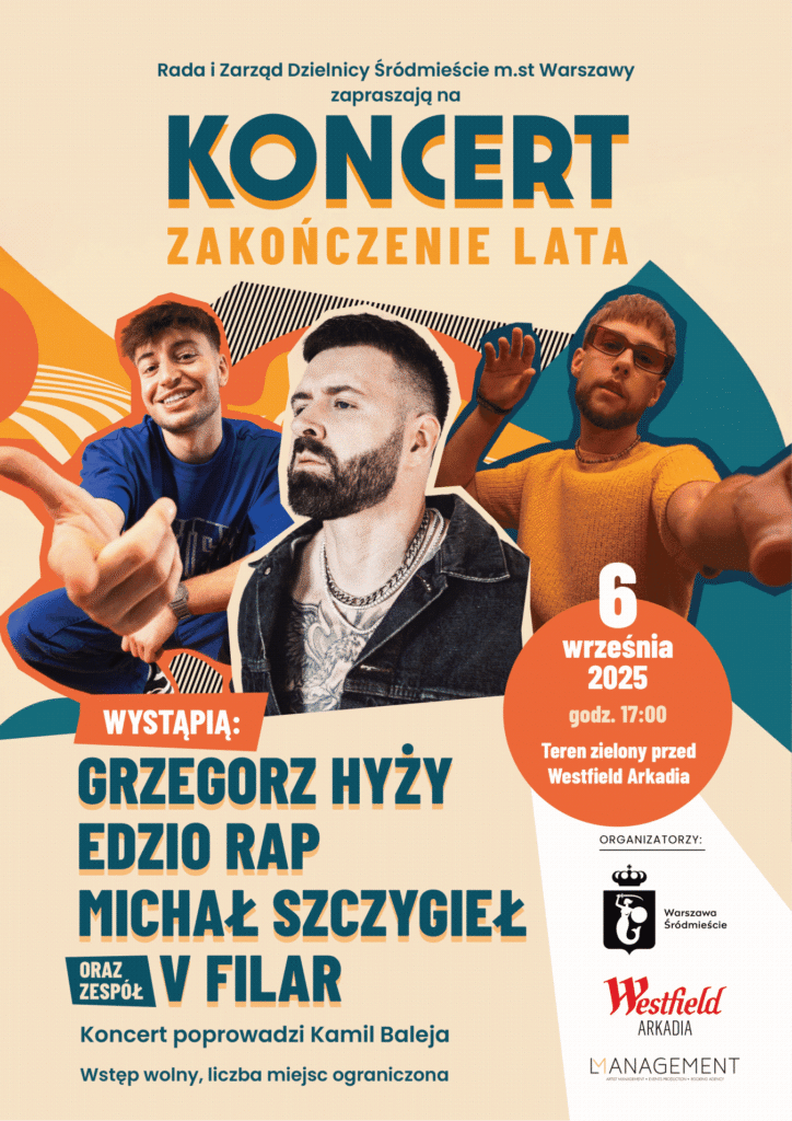 Plakat promujący koncert "Zakończenie Lata" z informacjami o wykonawcach i dacie wydarzenia.