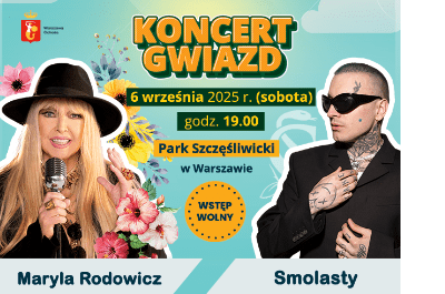 Dwie postacie artystów promują koncert w parku, z datą i godziną wydarzenia na kolorowym tle.