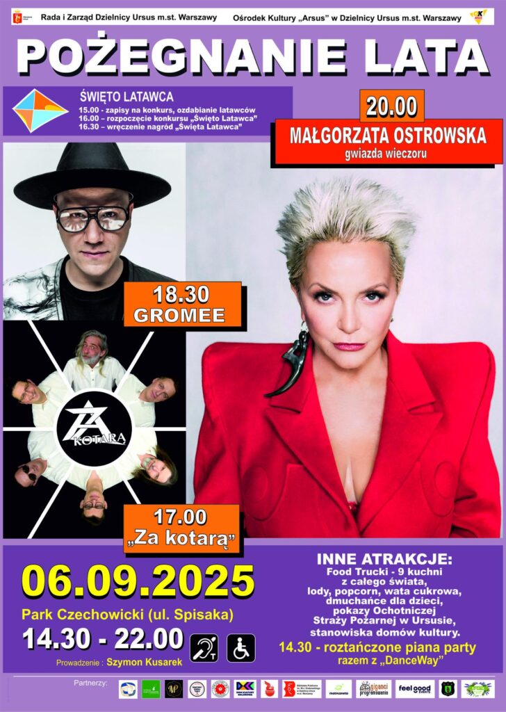 Plakat promujący wydarzenie "Pożegnanie Lata" z datą 06.09.2025, zawierający szczegóły o atrakcjach, wykonawcach i lokalizacji.