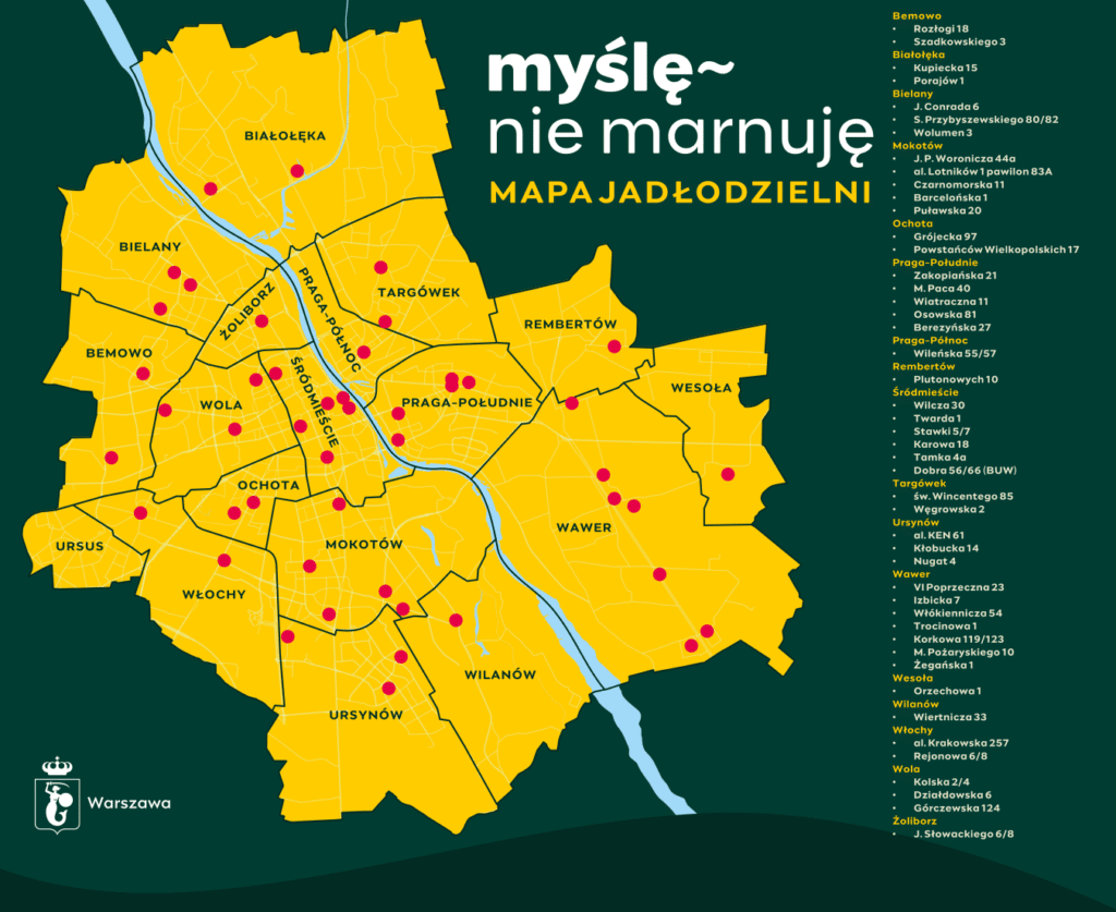 Mapa Warszawy z oznaczeniami lokalizacji, w których można korzystać z usług społecznych, na żółtym tle.