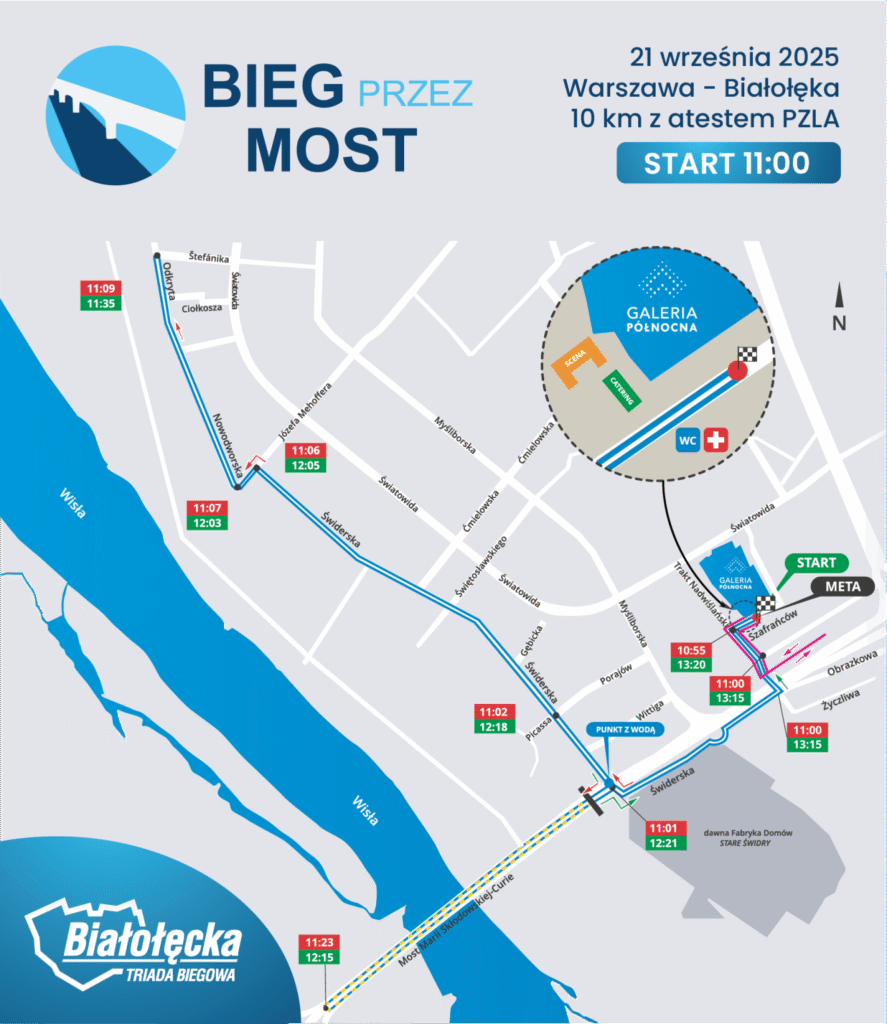 Mapa trasy biegu przez most, z zaznaczonymi punktami startu, mety i punktami kontrolnymi oraz godzinami.