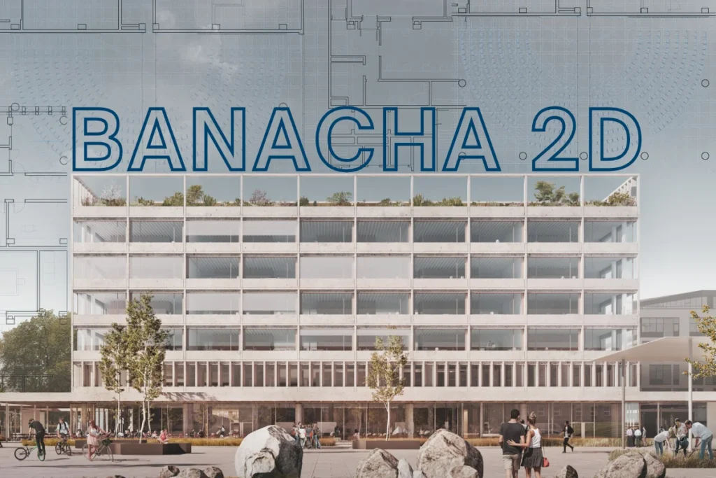 Nowoczesny budynek z przeszkloną fasadą, otoczony zielenią, z grupą ludzi na frontowym dziedzińcu oraz napisem „BANACHA 2D”.