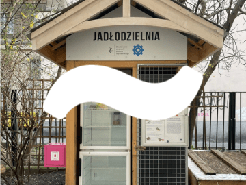 Jadłodzielnia z drewnianą konstrukcją i przeszklonymi drzwiami, umiejscowiona w miejskim otoczeniu z drzewami w tle.