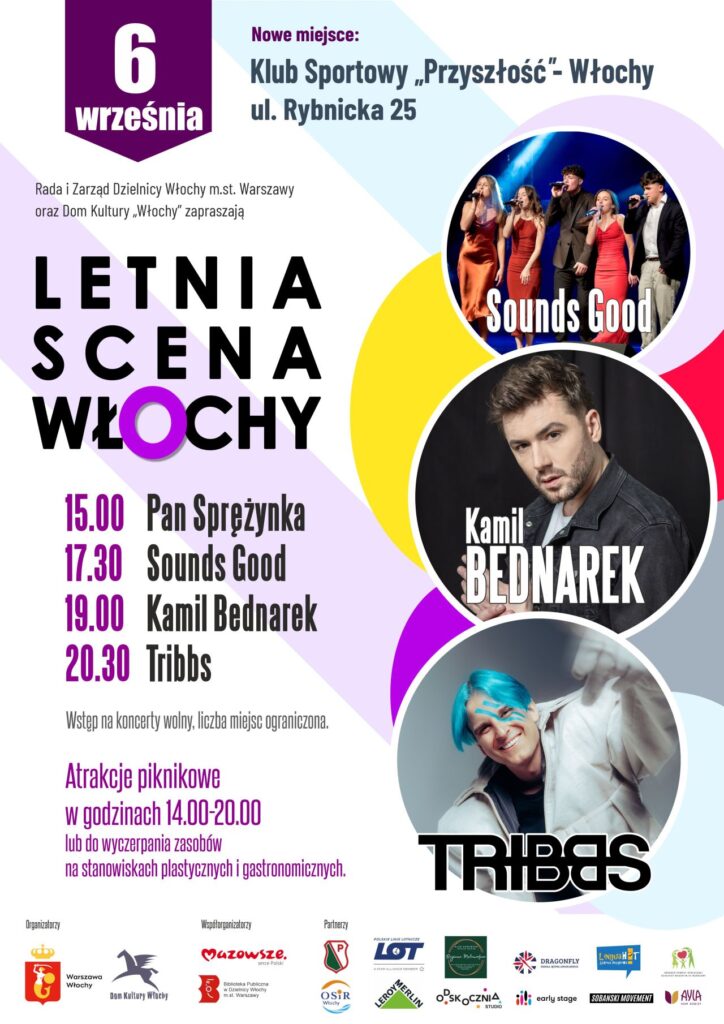 Plakat promujący wydarzenie "Letnia Scena Włochy" z datą 6 września i informacjami o występach artystów.