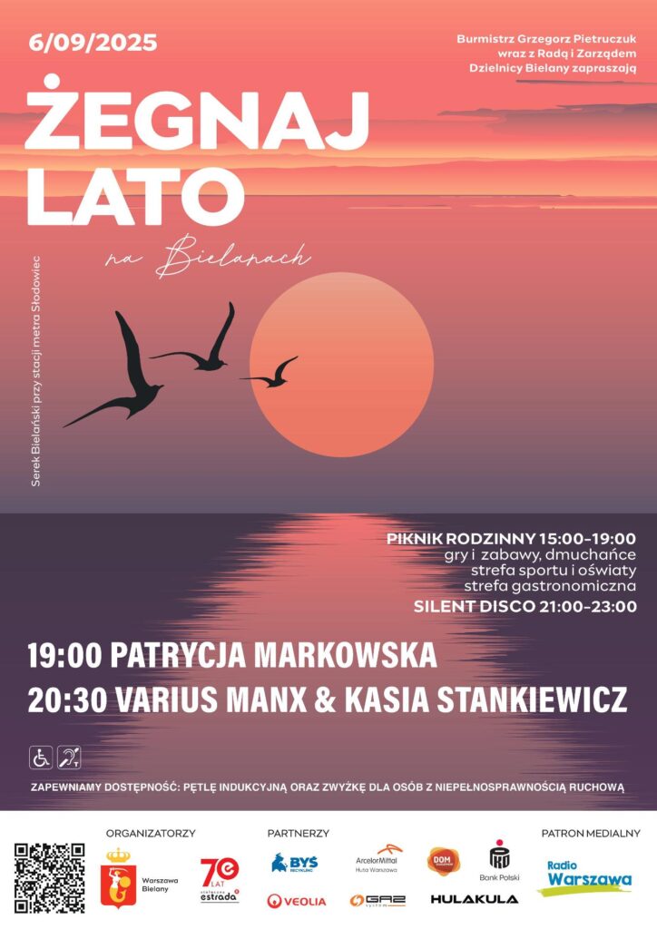 Plakat promujący wydarzenie "Żegnaj Lato" z datą 6/09/2025, z grafiką przedstawiającą zachód słońca i ptaki.