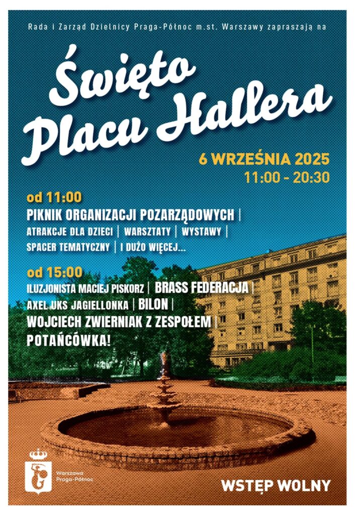 Plakat reklamujący „Święto Placu Hallera” z datą i godzinami wydarzenia oraz informacjami o atrakcjach.