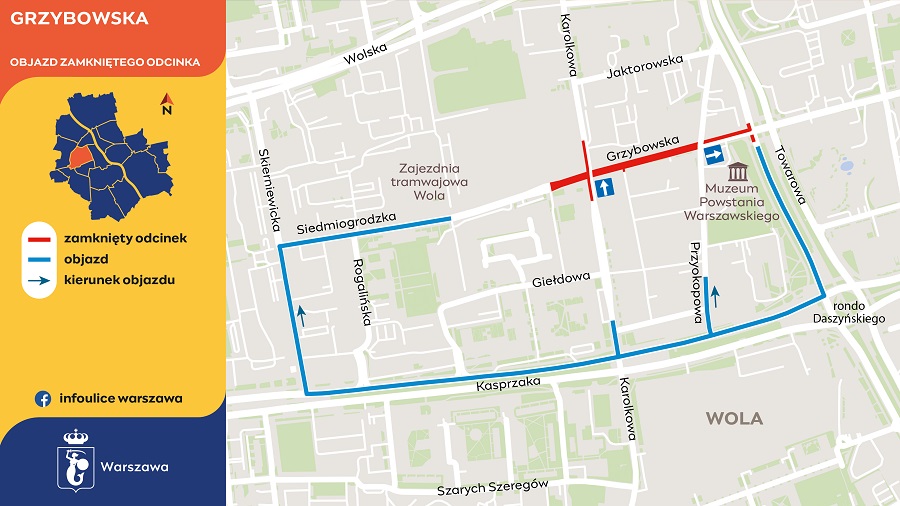 Mapa przedstawiająca objazd zamkniętego odcinka ul. Grzybowskiej z zaznaczonymi kierunkami objazdu.