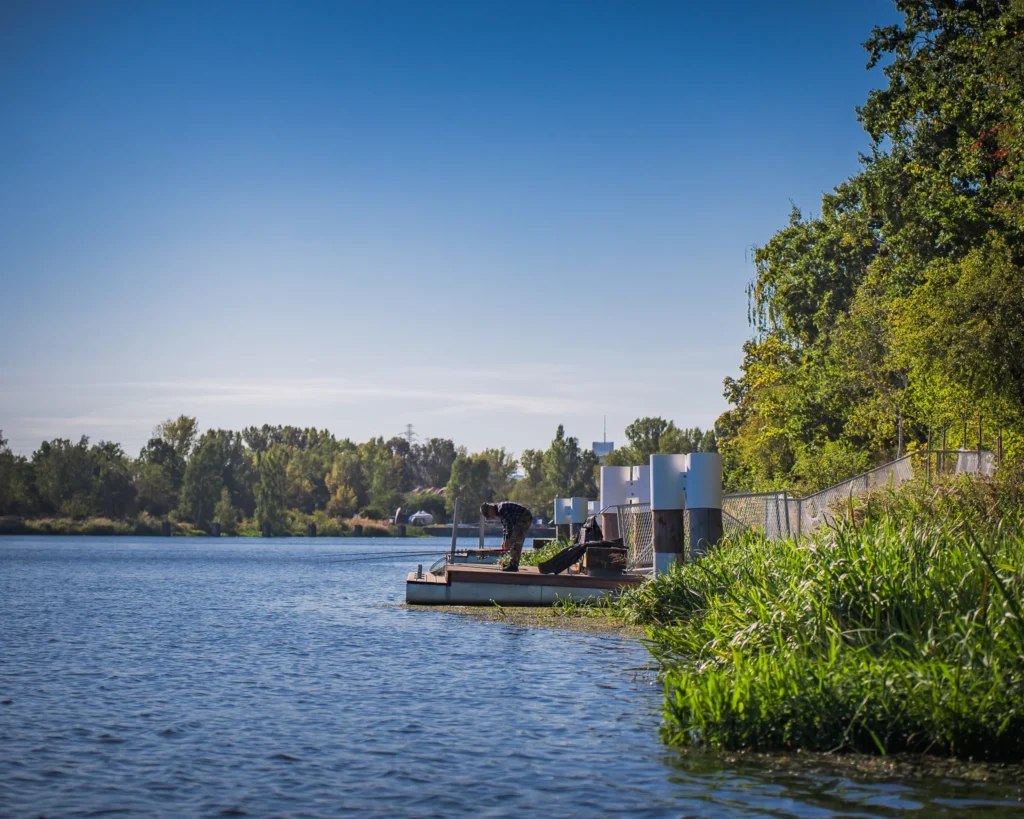 Mężczyzna w ubraniu roboczym pracuje na pomostku nad jeziorem, otoczony zielenią i spokojną wodą.