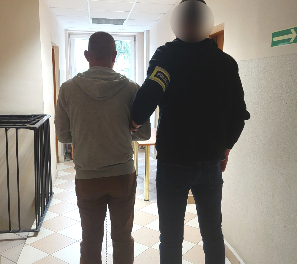 Mężczyzna w szarej bluzie prowadzony przez policjanta w czarnej odzieży kroczy korytarzem w budynku.