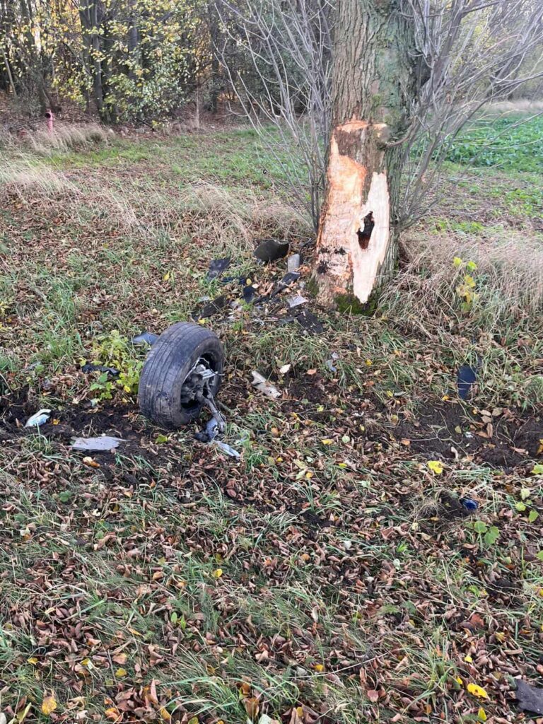 Zniszczone koło leży obok powalonego drzewa, w tle widoczne liście i trawa w leśnym otoczeniu.