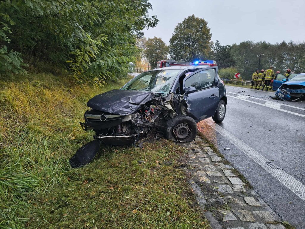 Zniszczony samochód osobowy stoi na poboczu drogi, obok interweniujący strażacy i policyjny radiowóz.