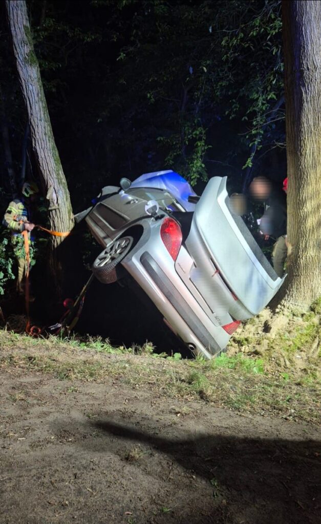 Samochód leży na boku, oparty o drzewo, obok stoi ratownik zabezpieczający pojazd liną.