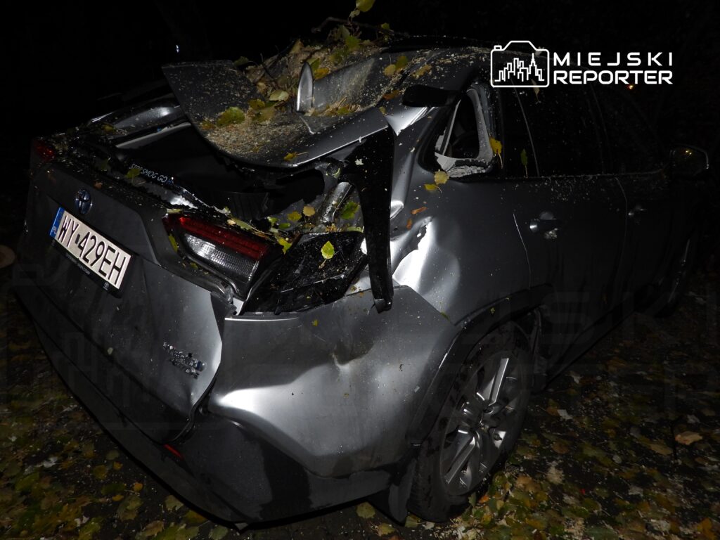 Uszkodzony samochód osobowy z zniszczonym tyłem, pokryty liśćmi, stoi na drodze w nocy.