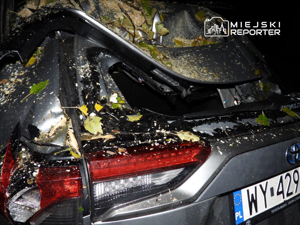 Uszkodzony samochód z pokrywą bagażnika pokrytą liśćmi i drobnymi gałązkami, zaparkowany w nocy.