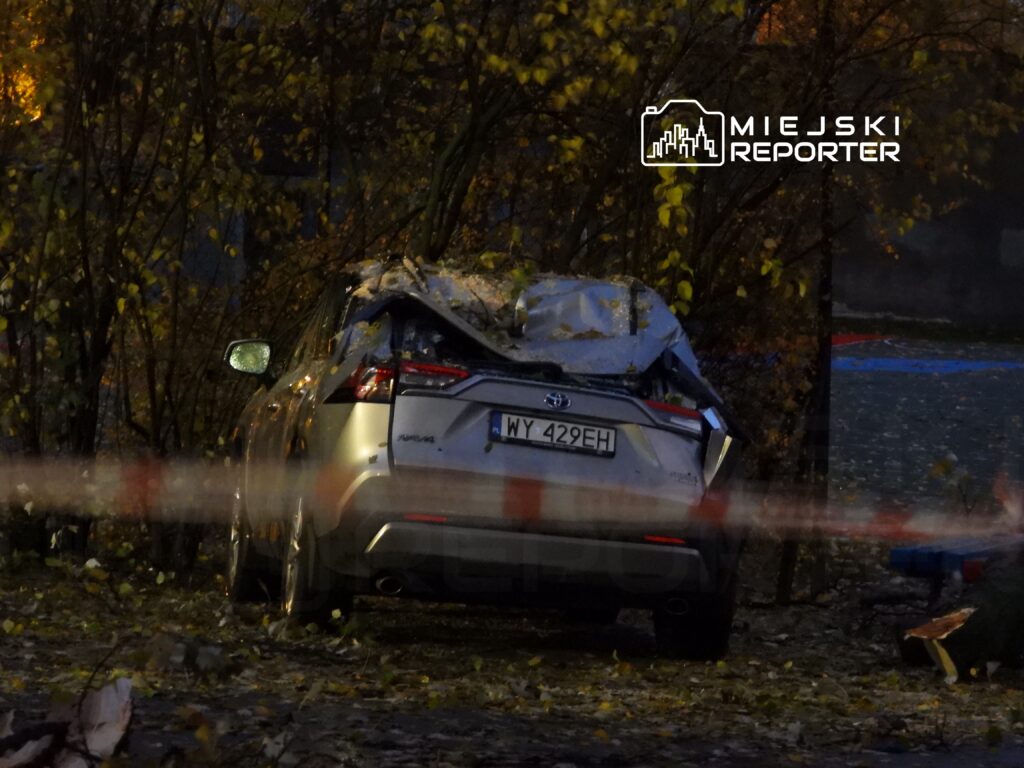 Zniszczony samochód osobowy zaparkowany wśród drzew, z uszkodzoną tylną częścią i opadłymi liśćmi wokół.