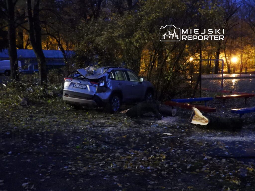 Uszkodzony samochód stoi na zniszczonym terenie, otoczony połamanymi gałęziami i liśćmi po burzy.