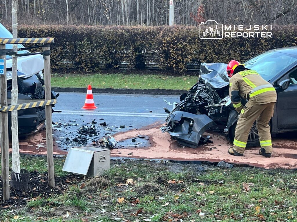 Strażak w mundurze bada wrak samochodu na drodze, obok leżą fragmenty pojazdu i pachołek drogowy.