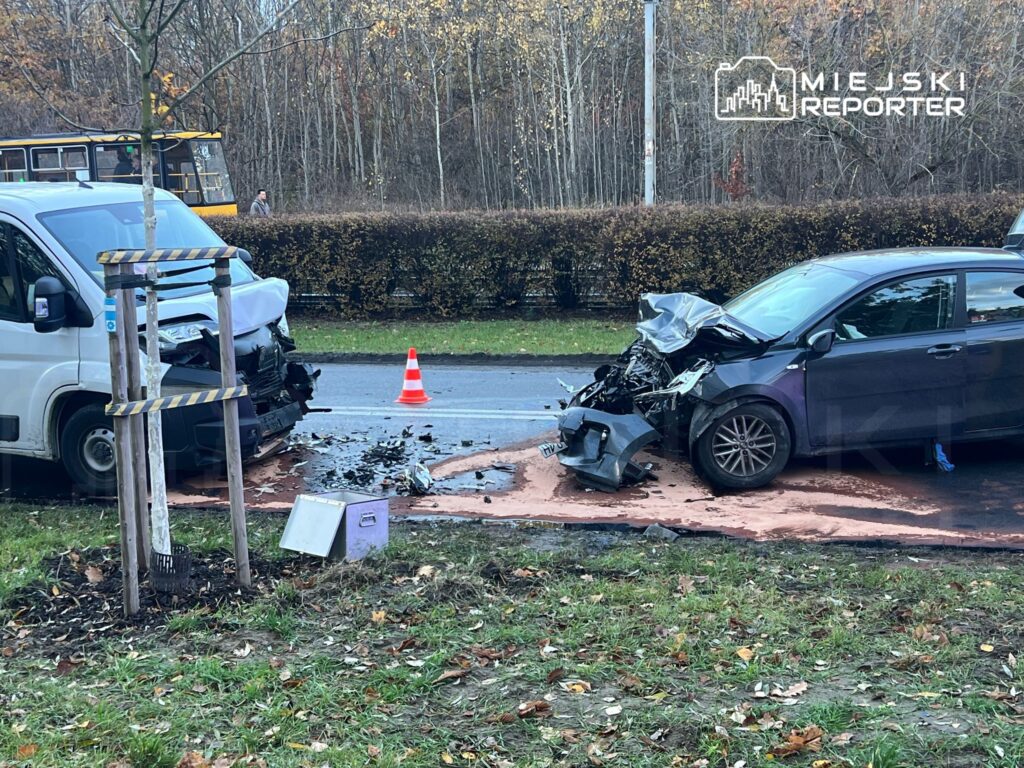 Dwa uszkodzone samochody osobowy i dostawczy z wgniecionymi przodami na poboczu drogi, obok pomarańczowy trójkąt ostrzegawczy.
