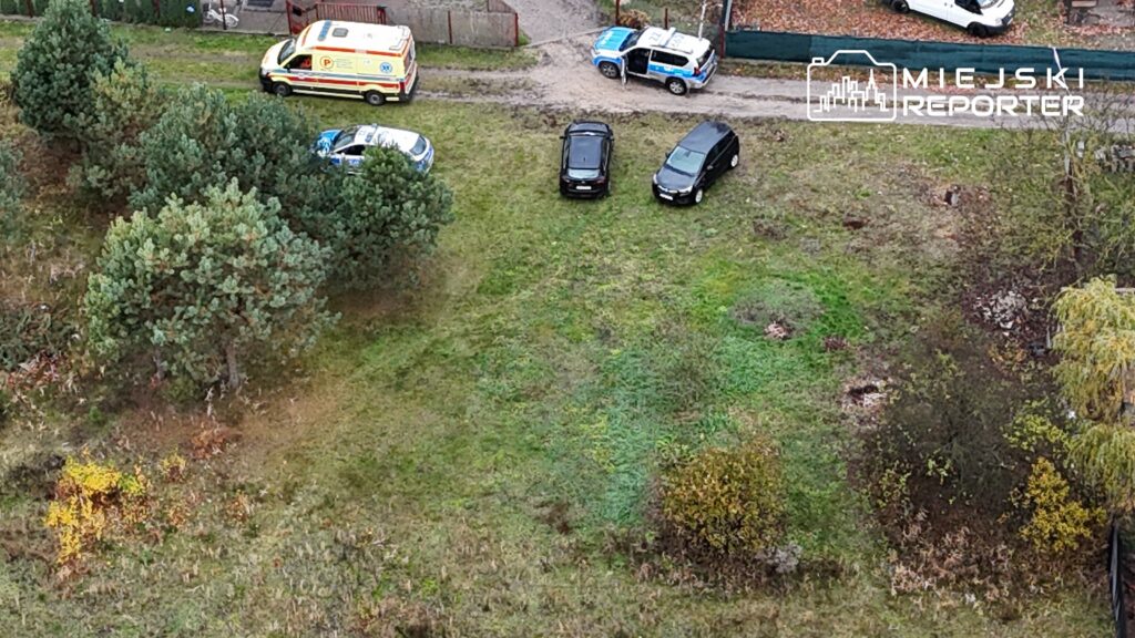Na trawie stoją trzy samochody: dwa czarne osobowe oraz nieoznakowany radiowóz, obok parkowana karetka pogotowia.