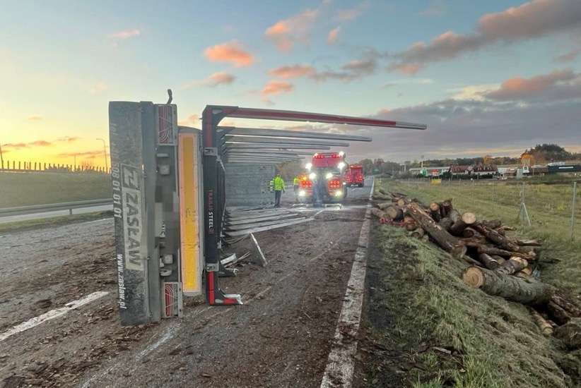 Przewrócony kontener na drodze, obok pracujący strażacy i leżące na poboczu kłody drewna.