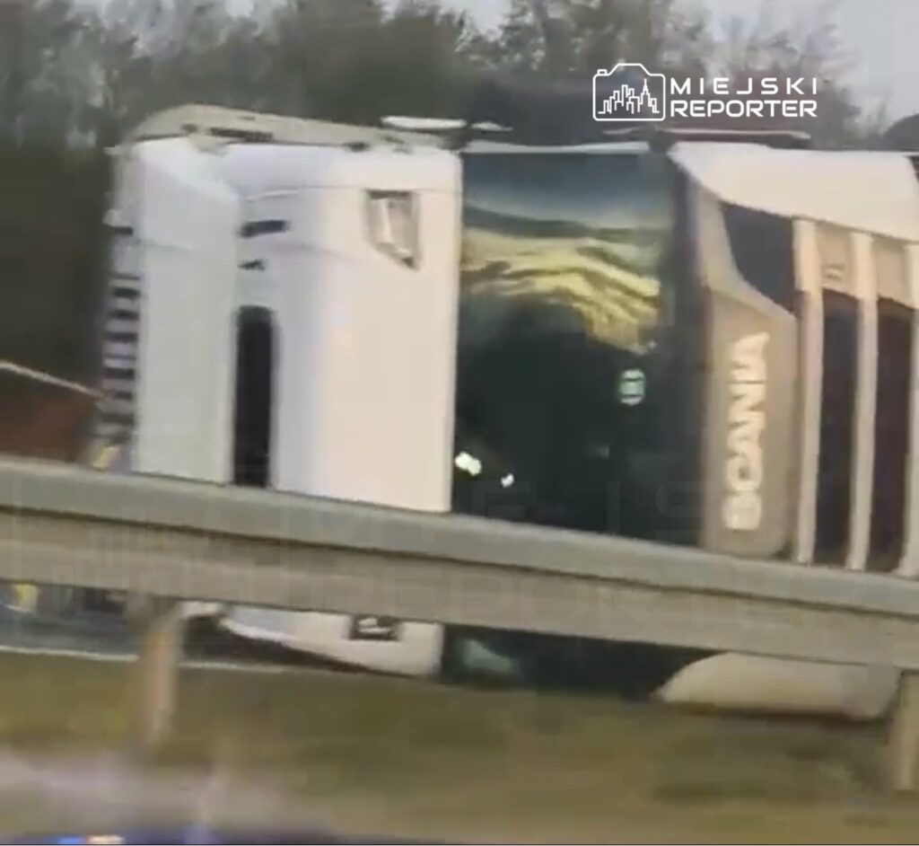 Przewoźnik z przewróconą ciężarówką marki Scania leży na boku przy drodze, otoczony przez zieleń.
