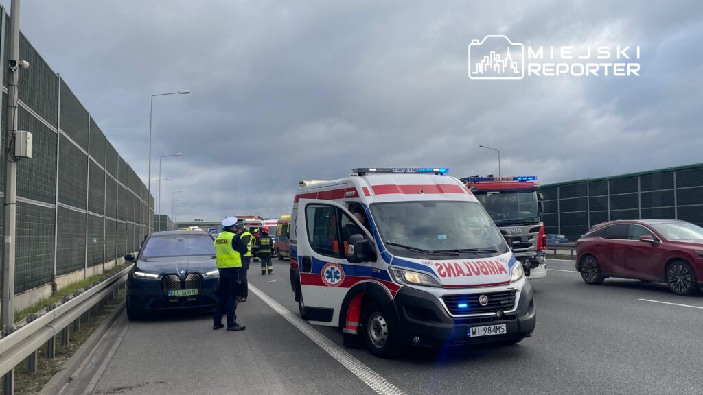 Policyjny funkcjonariusz w odblaskowej kamizelce rozmawia z kierowcą na drodze, obok stoi ambulans i woz strażacki.