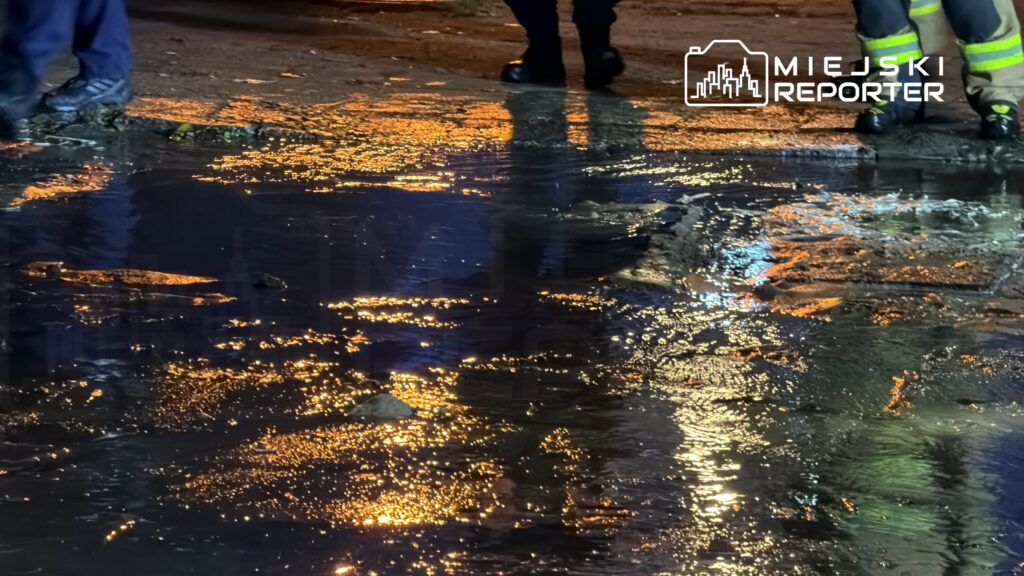 Na mokrej nawierzchni ulicy odbijają się światła, a w tle widać nogi osób w mundurach.