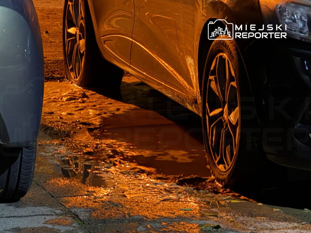 Czarny samochód osobowy zaparkowany obok kałuży odbijającej pomarańczowe światło ulicznych lamp.