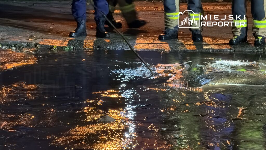 Grupa ratowników w mundurach stoi obok zalanej ulicy, używając narzędzia do usuwania wody.