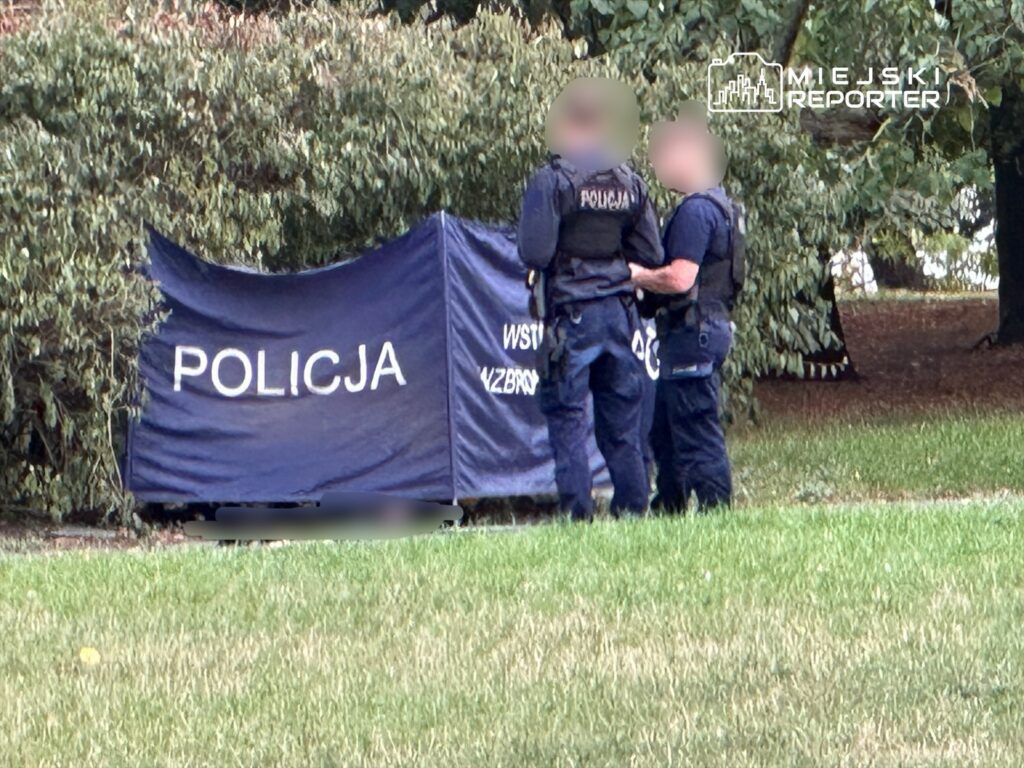Dwaj policjanci w kamizelkach ochronnych rozmawiają obok niebieskiego namiotu z napisem "POLICJA" w parku.