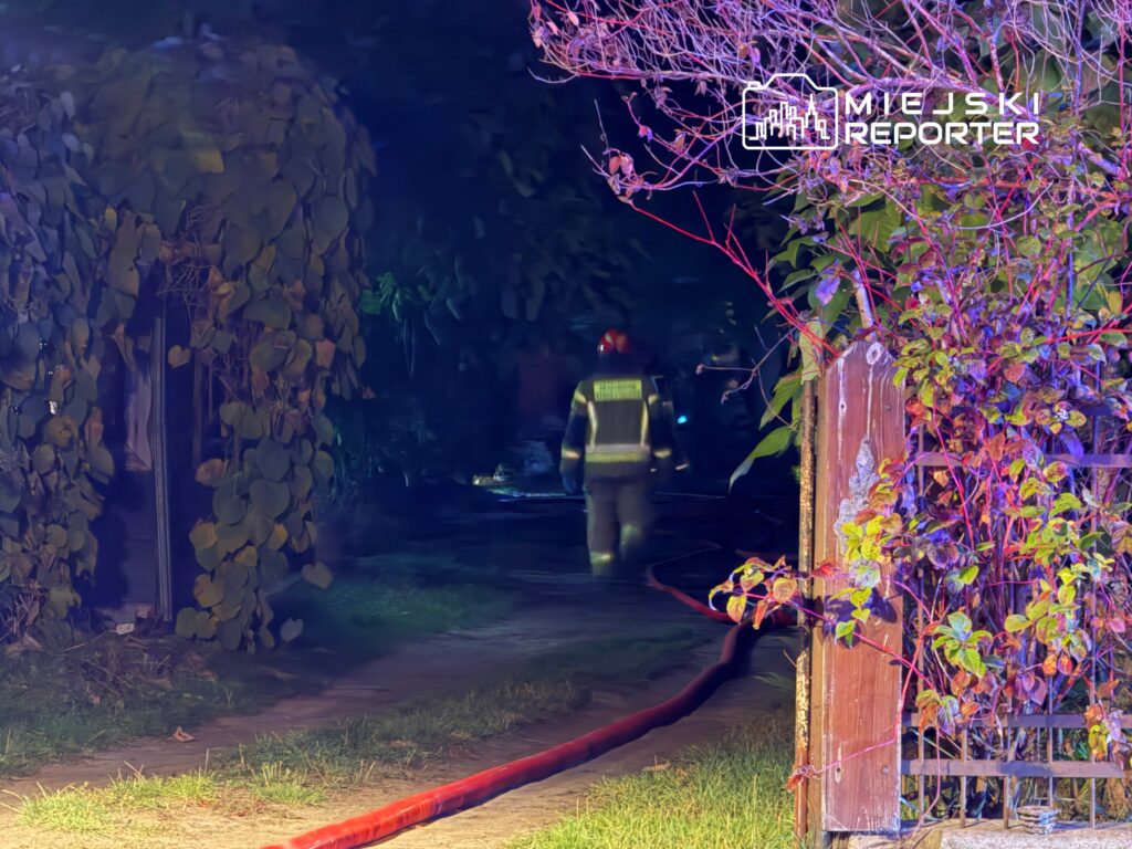Strażak w mundurze przechadza się w ciemnym ogrodzie, obok węża strażackiego leżącego na trawie.