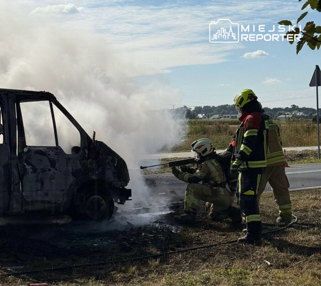 Strażacy gaszą płonący pojazd na poboczu drogi, otoczeni dymem i popiołem.