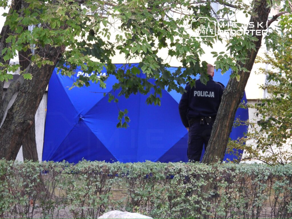 Policjant w mundurze stoi tyłem przed niebieską osłoną w otoczeniu drzew i krzewów.