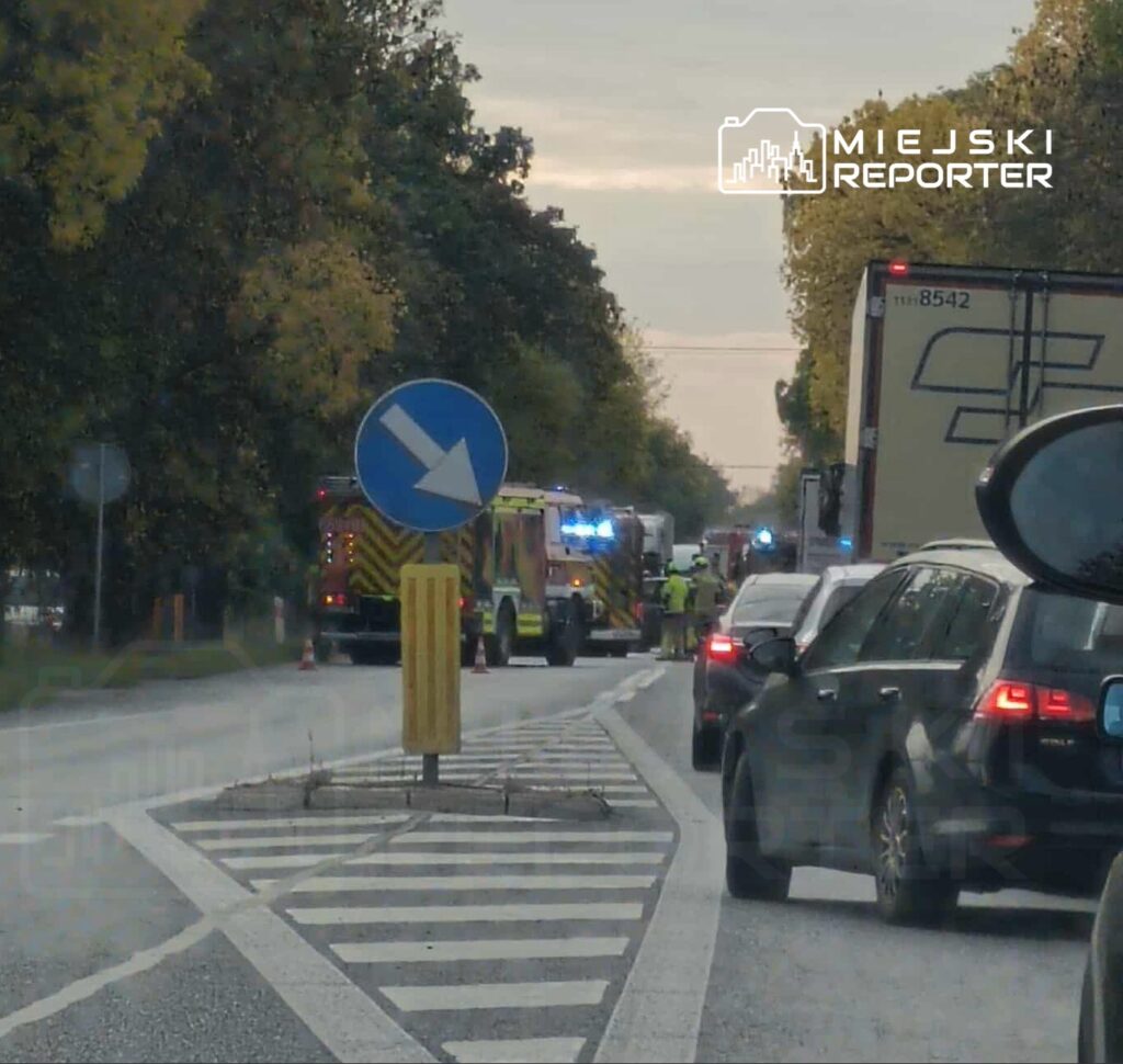 Karetki pogotowia i strażacy pracują przy zablokowanej drodze, wśród stojących samochodów.