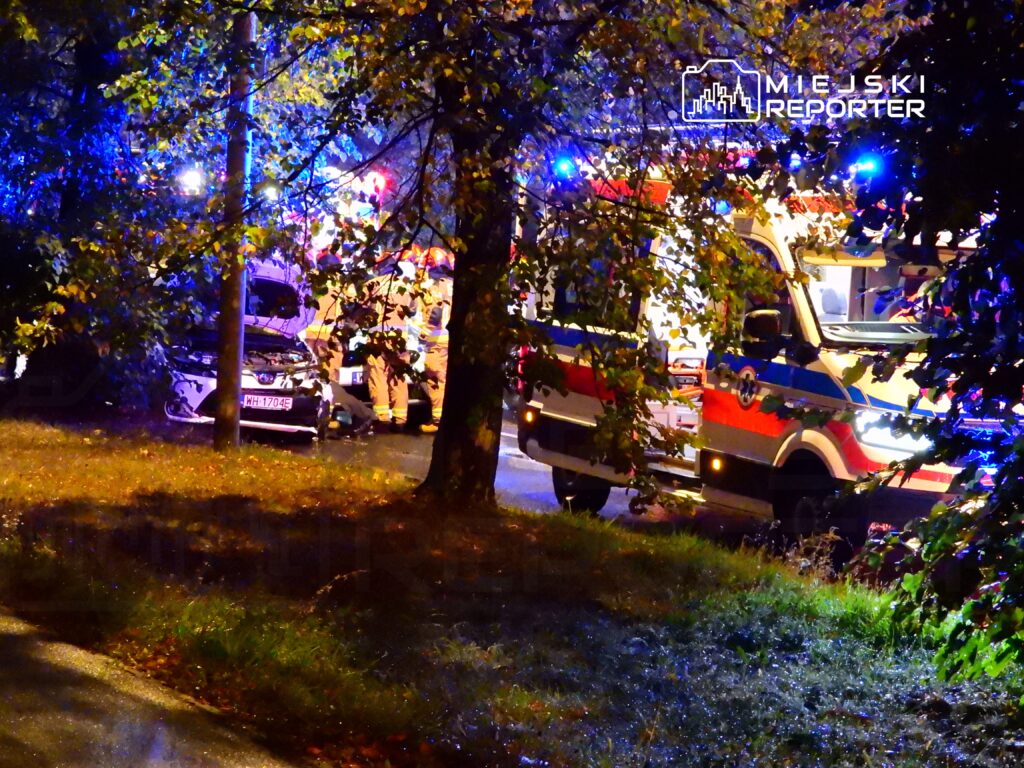 Ratownicy medyczni pracują przy wypadku drogowym, obok uszkodzonego samochodu, w oświetlonym niebieskimi światłami otoczeniu.