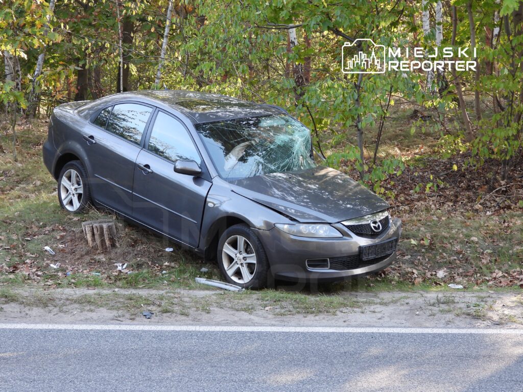 Uszkodzony samochód osobowy stoi na poboczu drogi, obok zarośli i pni drzew.