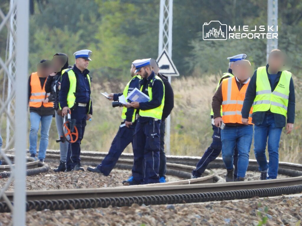 Grupa osób w odblaskowych kamizelkach i mundurach omawia sytuację na torach kolejowych, w tle roślinność.