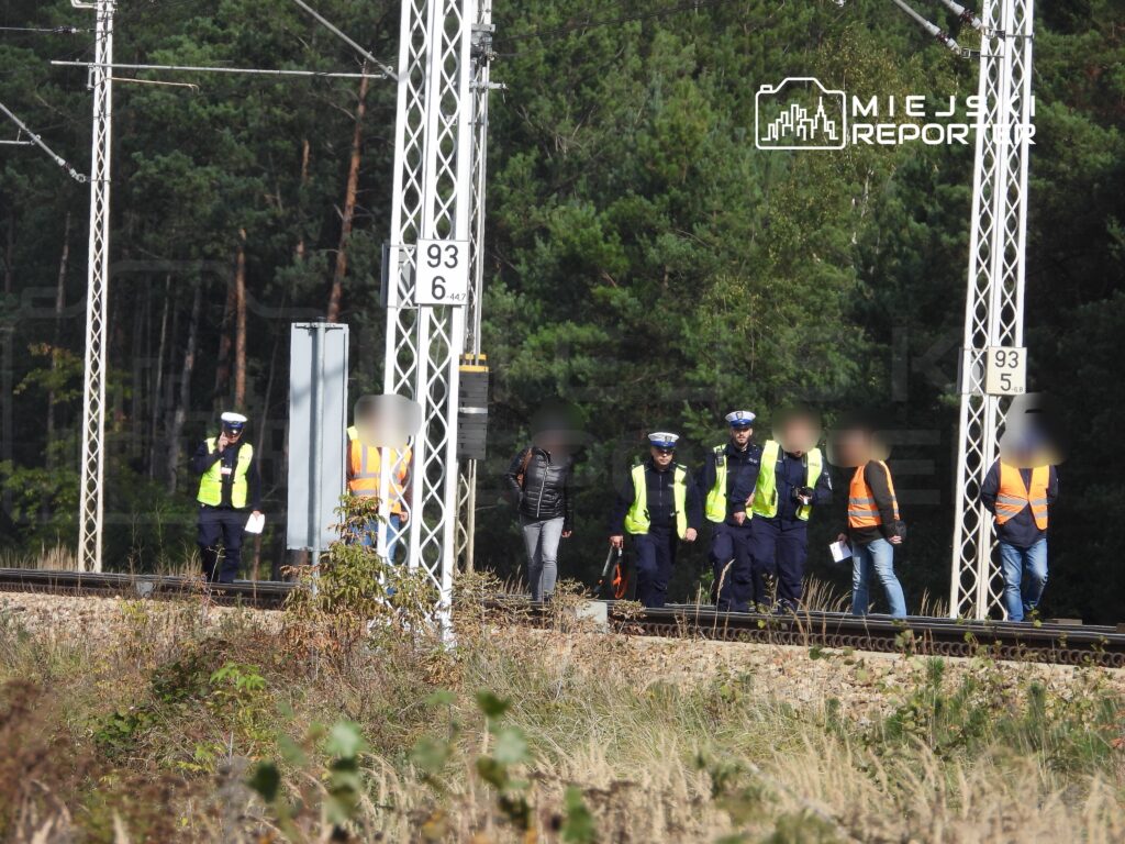 Grupa policjantów i pracowników w odblaskowych kamizelkach przebywa na torach kolejowych w leśnym otoczeniu.