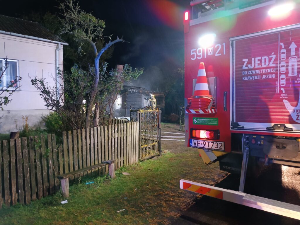 Straż pożarna z włączonymi sygnałami na drodze, w tle widać zadymiony budynek otoczony przez zarośla.