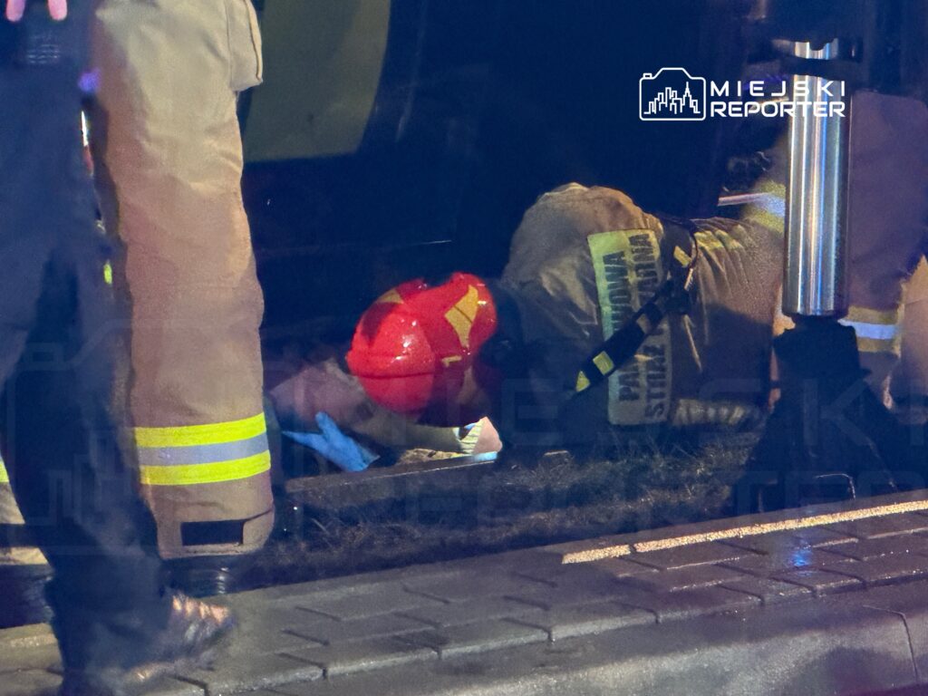 Strażak w hełmie przeszukuje teren przy pojeździe, na jezdni, w nocy.