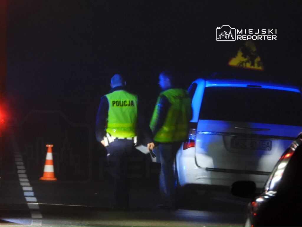 Dwaj policjanci w kamizelkach odblaskowych prowadzą czynności na drodze nocą, obok zaparkowanego samochodu.
